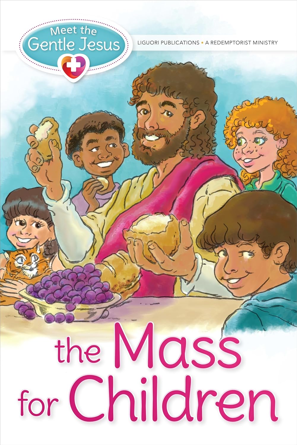 Book cover of 'The Mass for Children' featuring illustrations of Jesus and children with a focus on a religious theme.