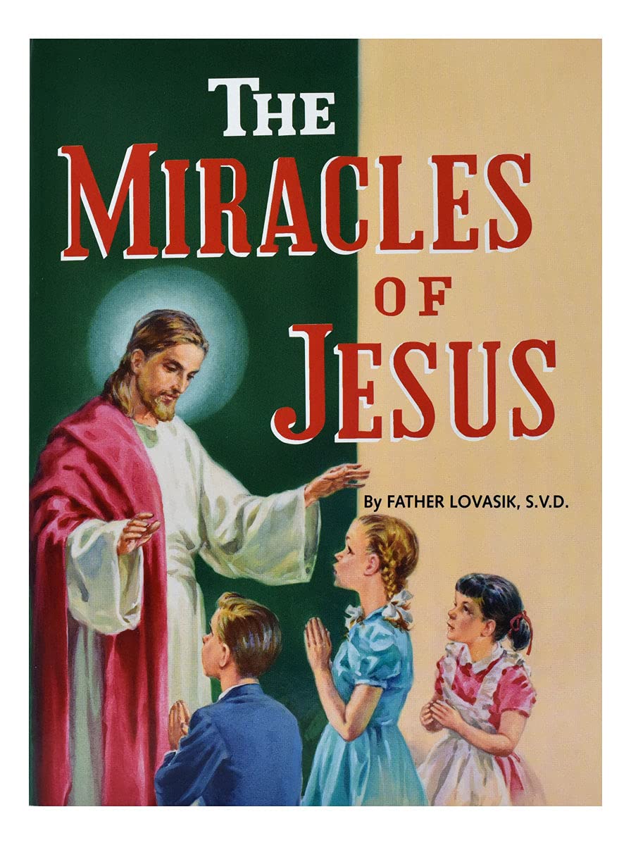 Book cover of 'The Miracles of Jesus' by Father Lovasik, S.V.D., featuring an illustration of Jesus with children.