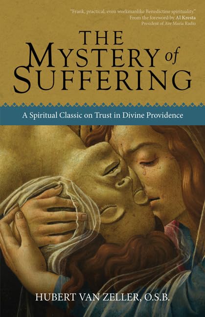 Book cover of 'The Mystery of Suffering' with an illustration of two people embracing.