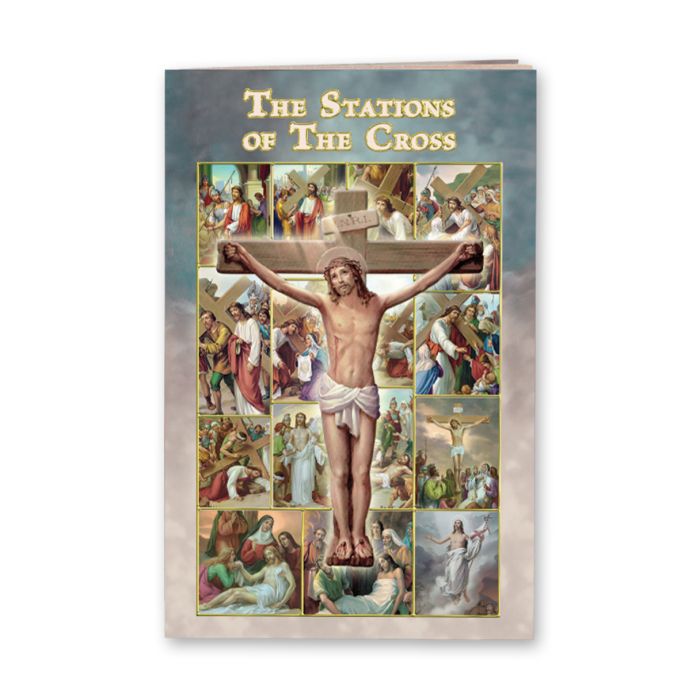 A cover image of a booklet titled 'The Stations of the Cross' featuring artistic representations of various scenes from the Stations of the Cross in Christianity.