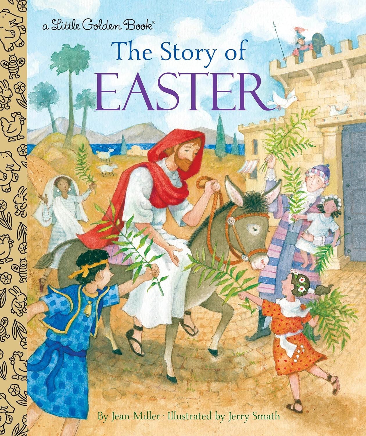 Book cover of 'The Story of Easter' with illustrations of a man on a donkey and people with palm branches.