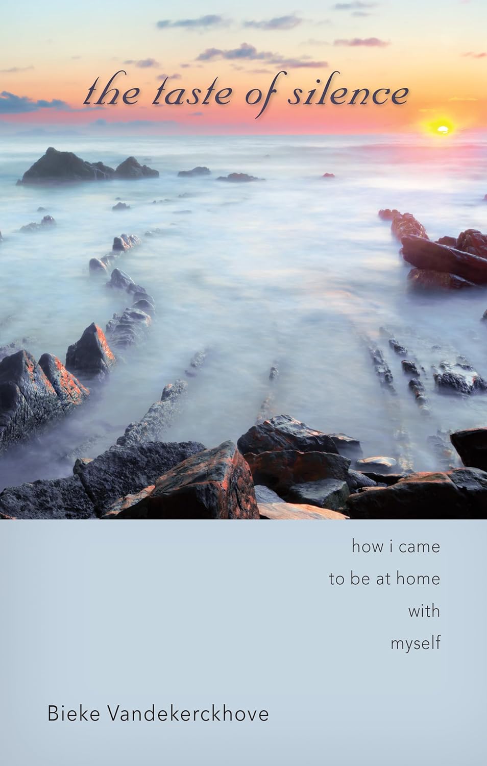 Book cover of 'the taste of silence' with a sunset over a rocky landscape