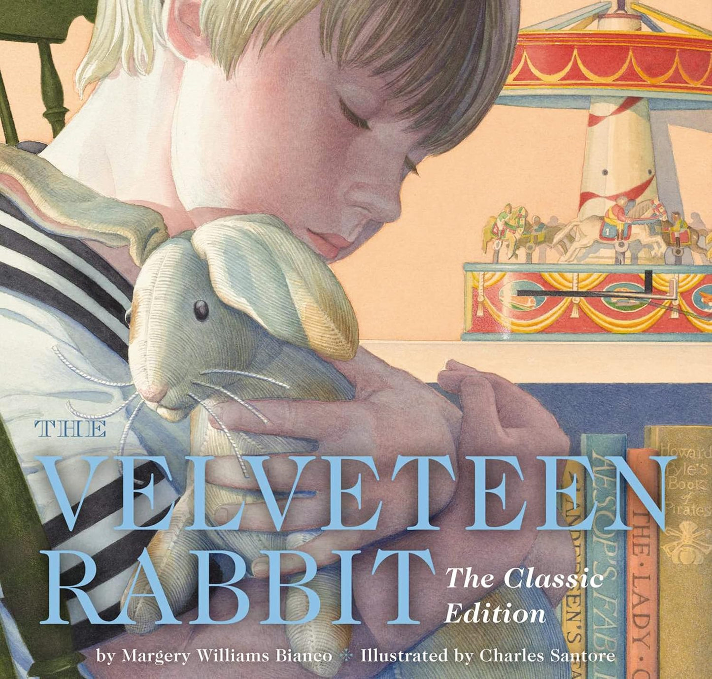 Book cover of 'The Velveteen Rabbit' with a child holding a plush rabbit toy.