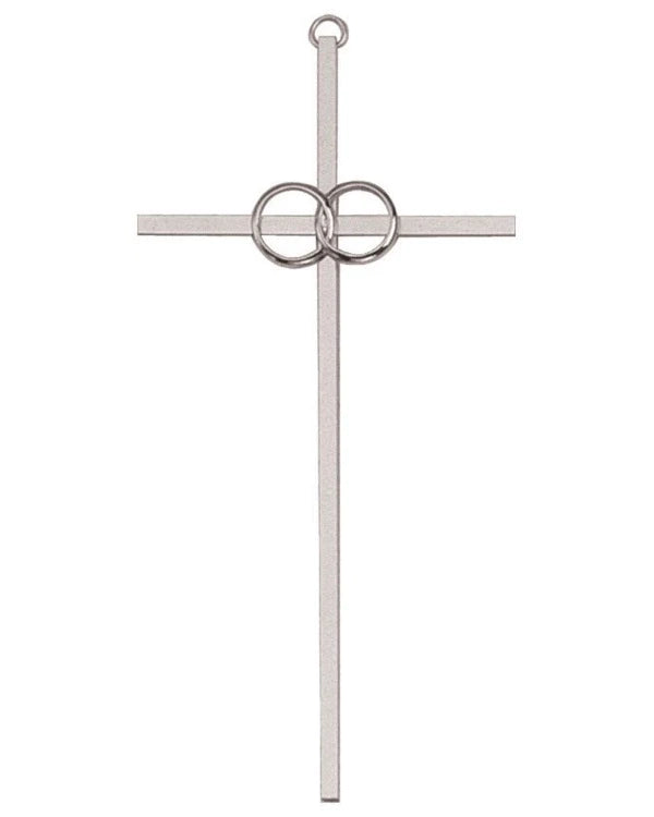 Silver cross pendant with interlocking rings on a white background