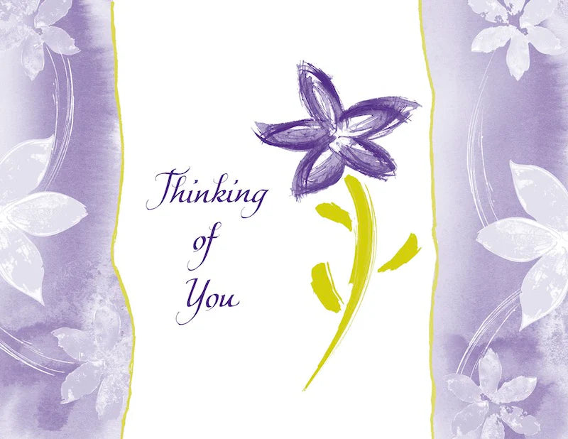 Floral card with a purple flower and 'Thinking of You' text on a light purple background.