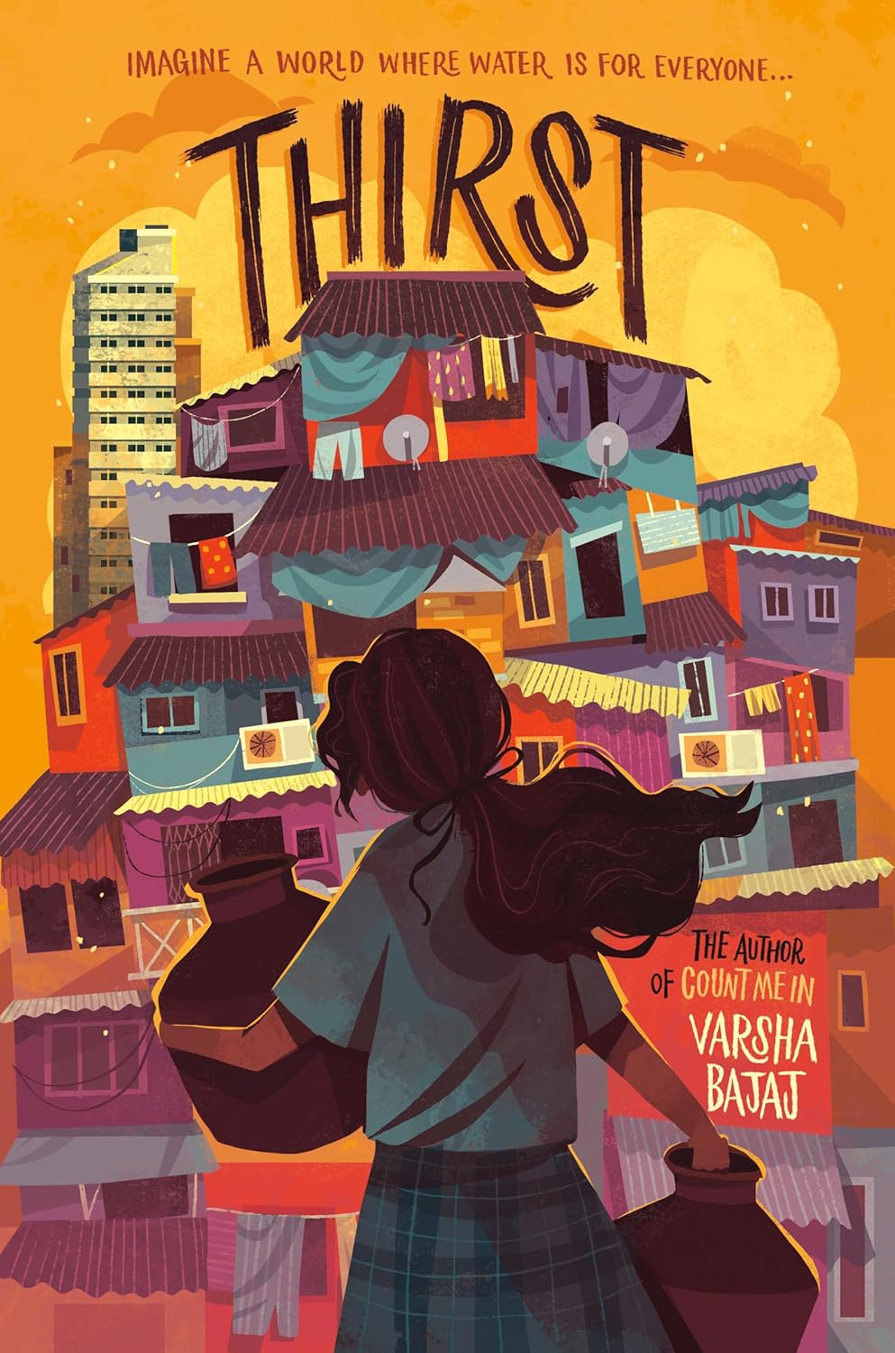 Book cover of 'Thirst' with a woman looking at colourful buildings.
