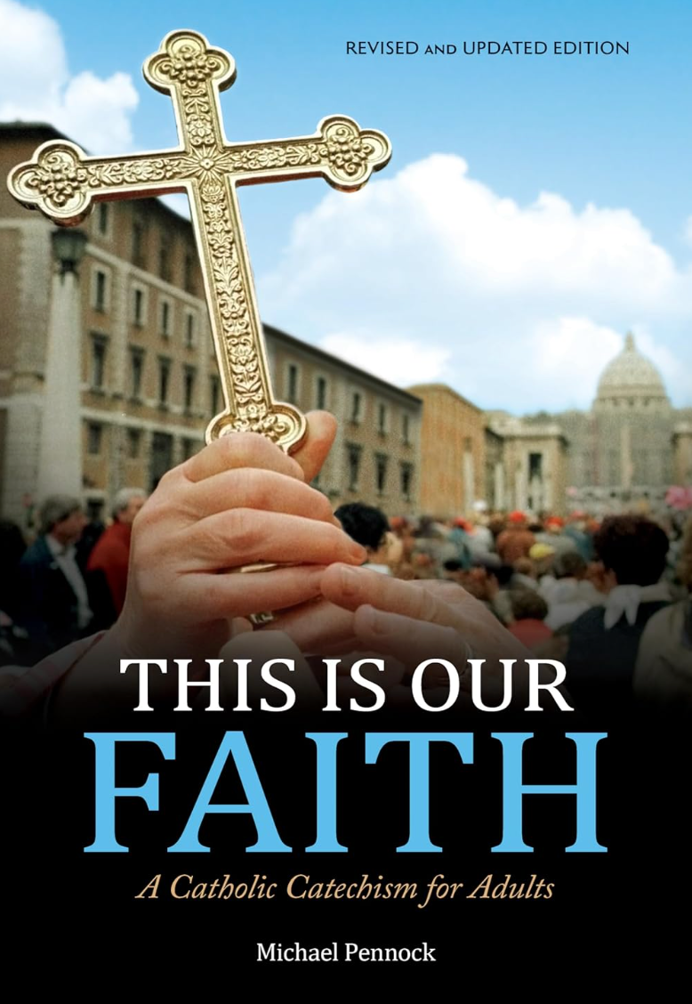 Book cover of 'This is Our Faith' with a cross held in hands and a cityscape in the background.