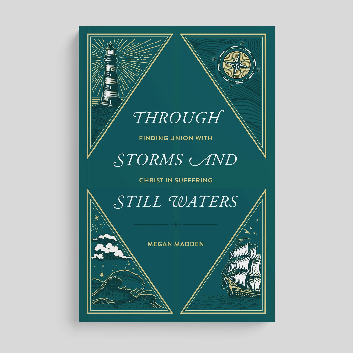 Book cover with lighthouse, ship, and text on a teal background
