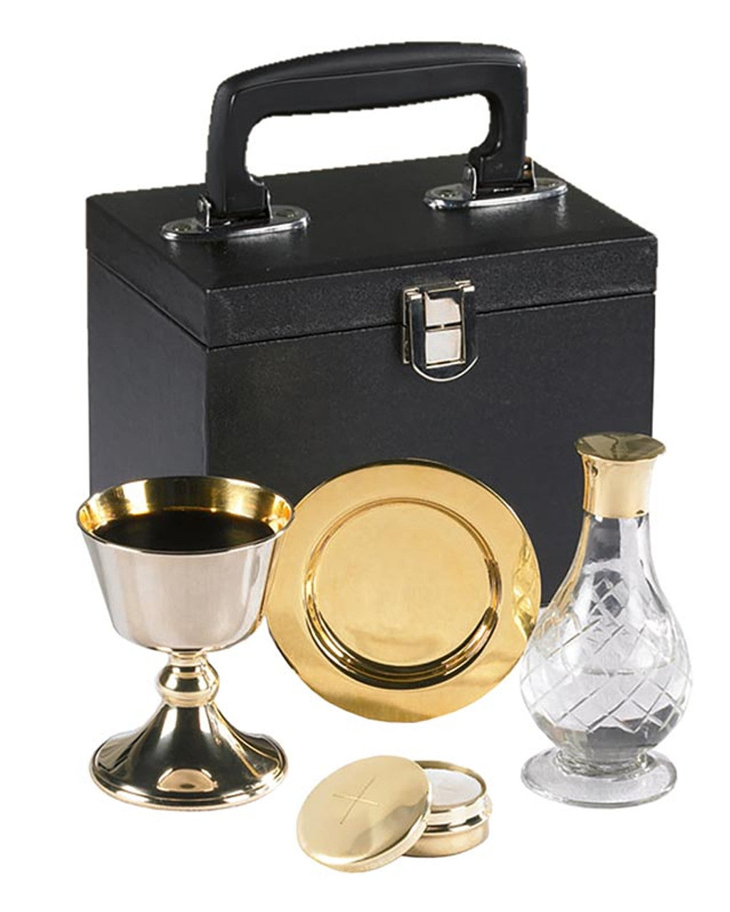 Catholic Communion set with chalice, ciborium, and black carrying case on a white background