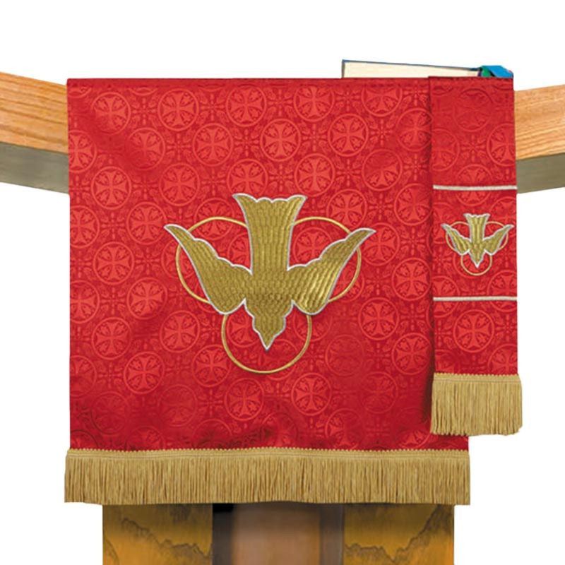 Red liturgical vestment with gold embroidery on a white background