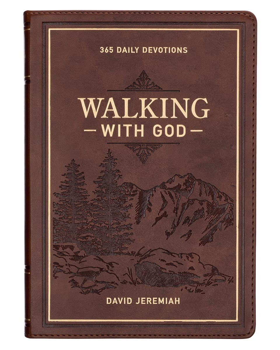 Brown book titled 'Walking with God' by David Jeremiah on a white background