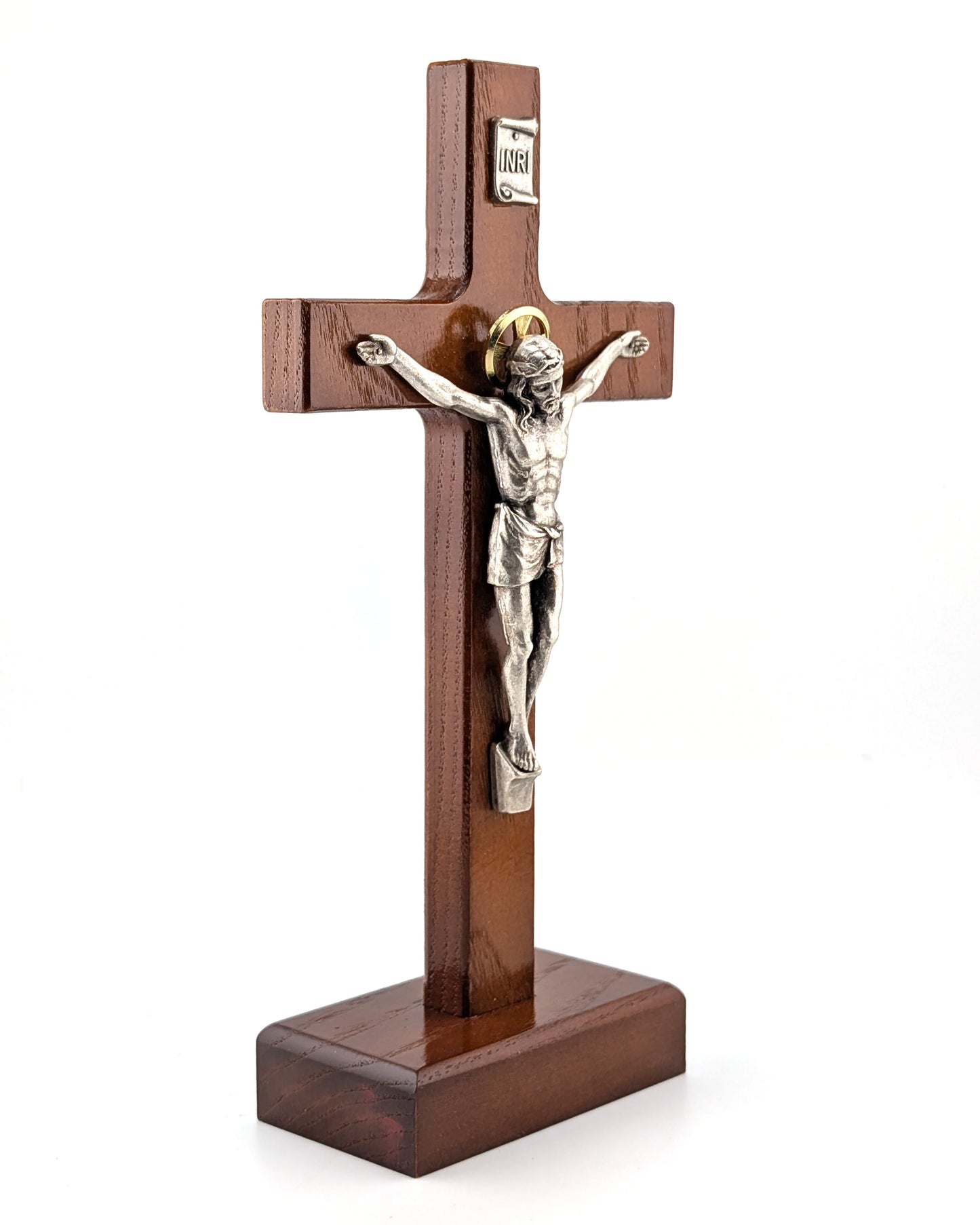 Walnut Wood with Silver Corpus Standing Crucifix 8"