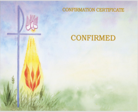 Confirmation certificate with cross and flame design on a light blue background