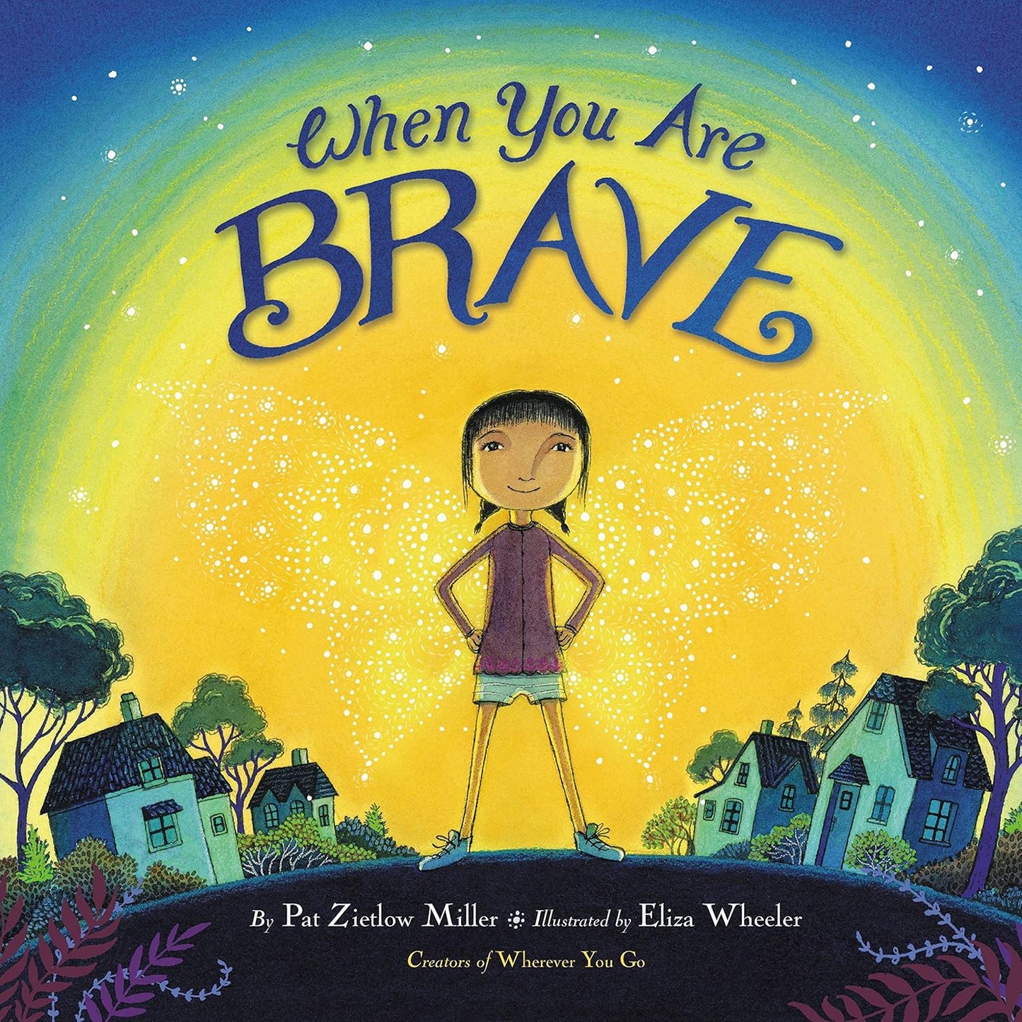 Book cover of 'When You Are Brave' with a child standing in front of a starry sky.