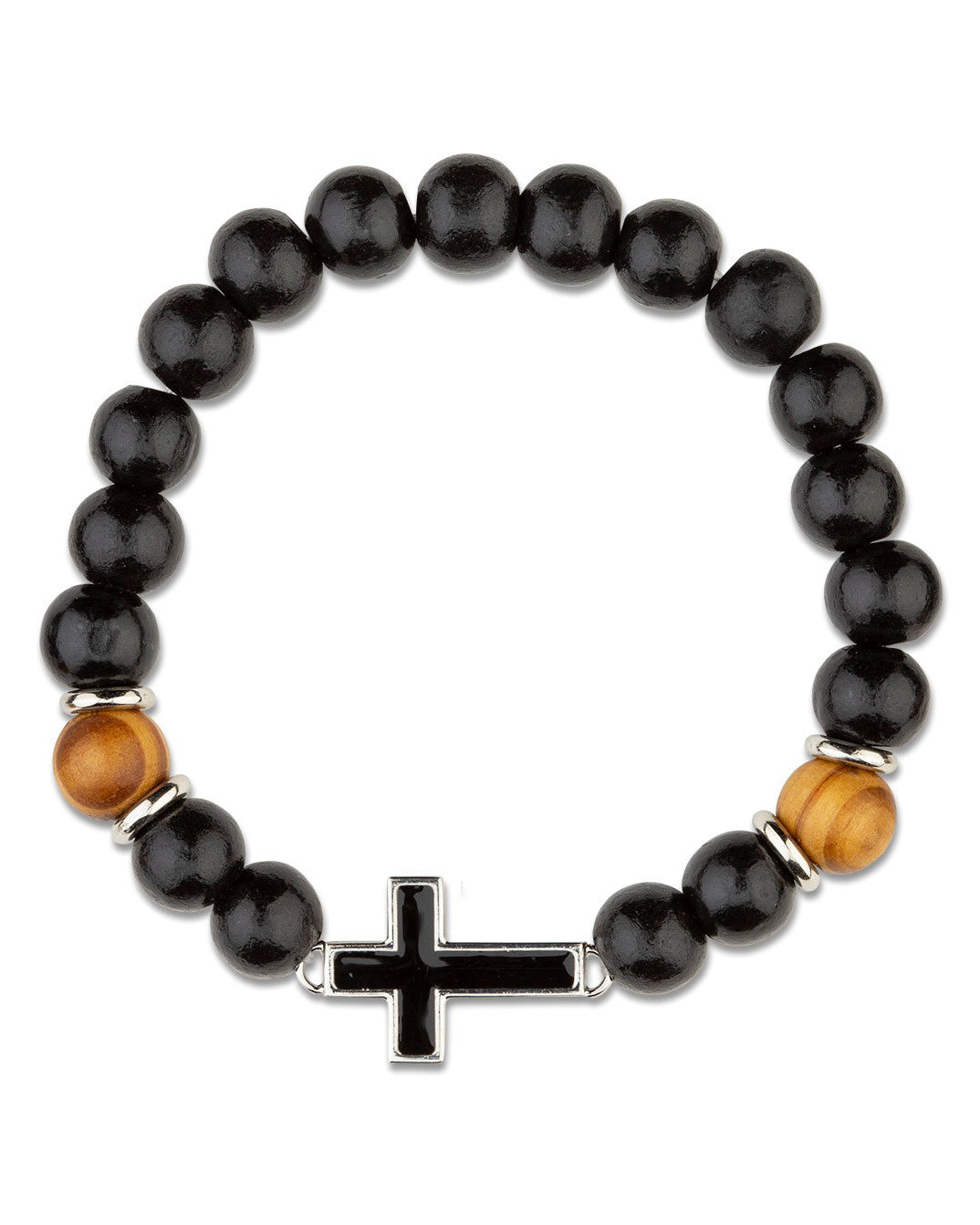 Wood Bead Stretch Bracelet with Black Fill Cross