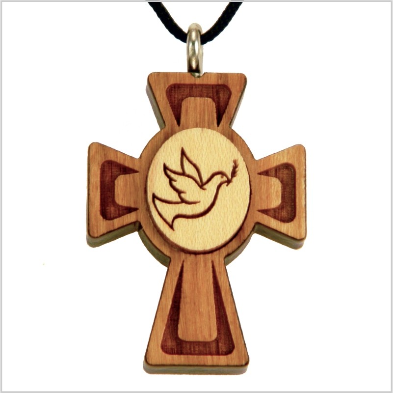 A wooden cross necklace with an engraved dove in the center, featuring a maple wood shape and a cherry wood dove, finished with a satin varnish.