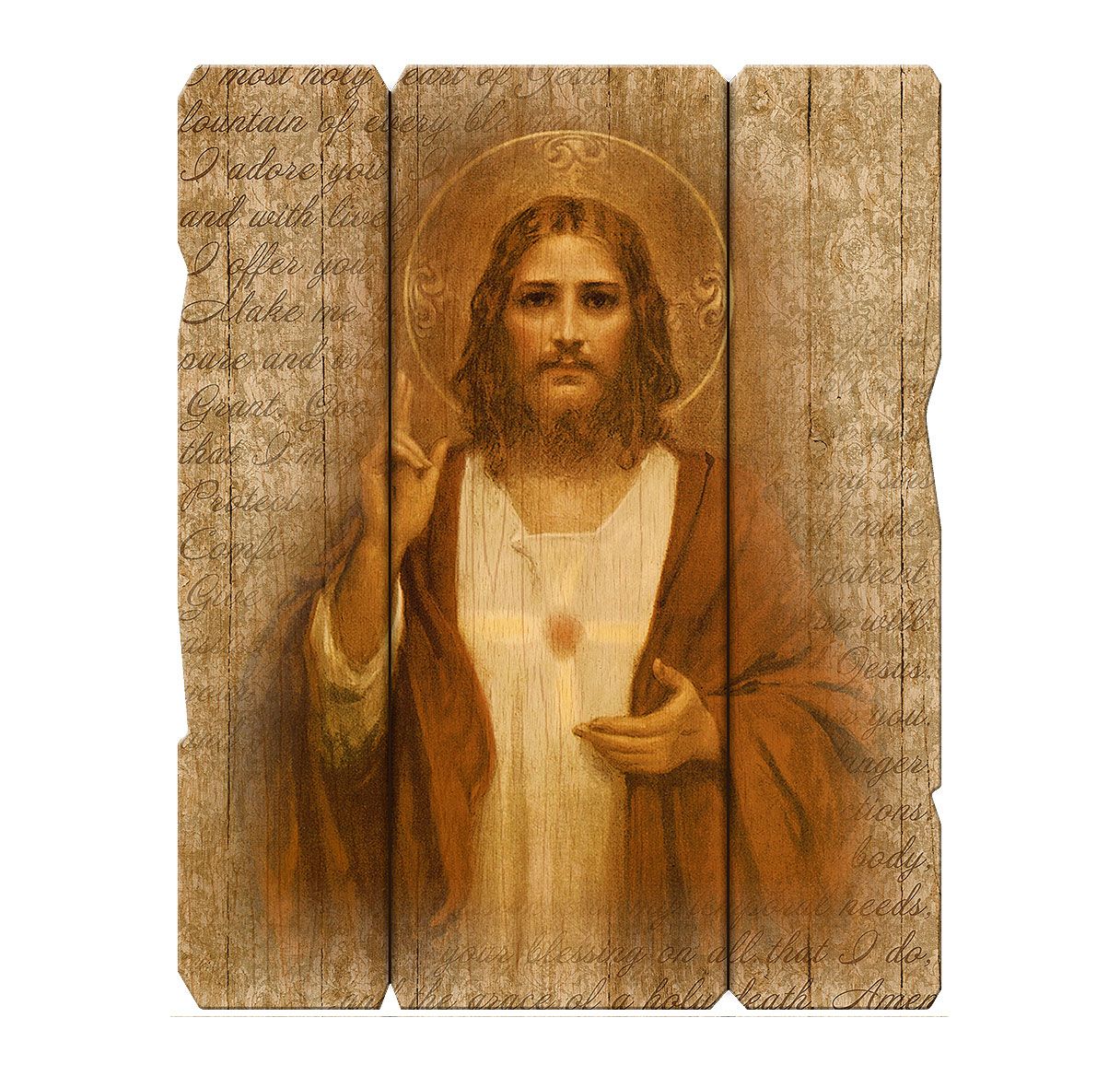 Wooden plaque with a painting of a religious figure on a white background