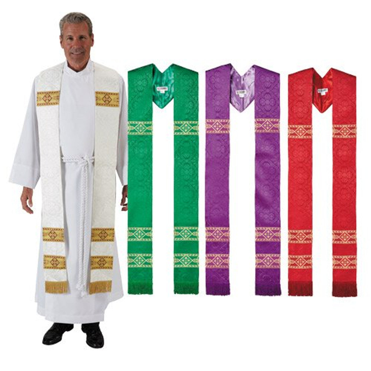 Priest wearing a white robe with a green stole, surrounded by other colored stoles on a white background