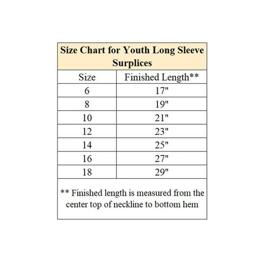 Size chart for youth long sleeve surpluses with finished length measurements.