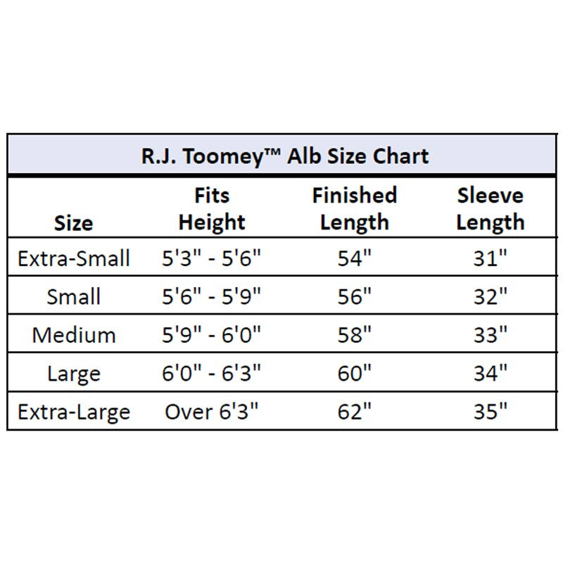 R.J. Toomey Alb Size Chart on a white background