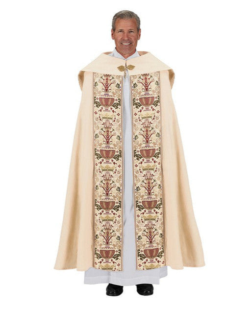 A brocade tapestry cape with floral patterns, featuring a lined interior and a metal clasp closure, designed for ceremonial or liturgical use.