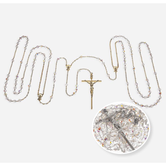 Crystal Aurora Glass Bead Silver Wedding Lasso Rosary