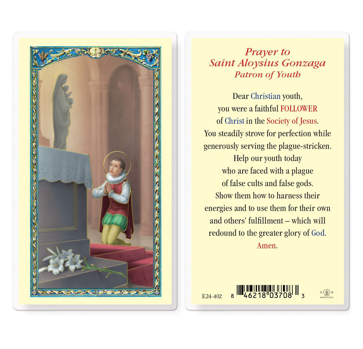 Prayer to St. Aloysius Gonzaga Patron of Youth Holy Card