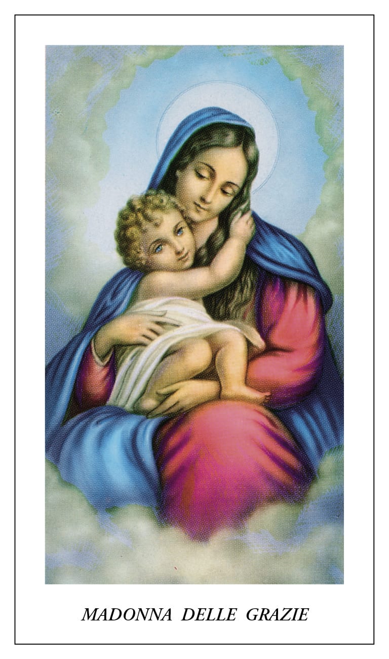 Painting of Madonna holding a child with colorful drapery and 'Madonna delle Grazie' text.