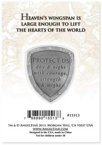 Decorative card with angelic shield design and text on a light background