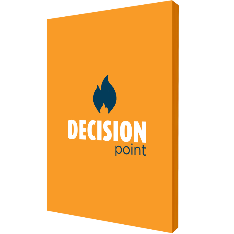 Orange book or notebook with 'Decision Point' logo on a white background