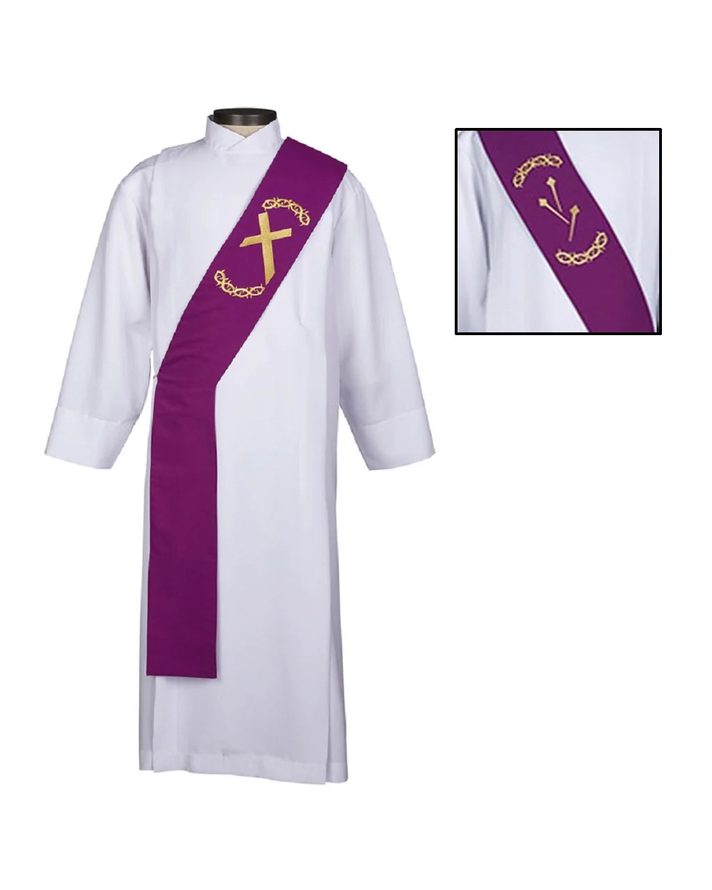 White robe with a purple sash featuring a gold cross design on a white background.