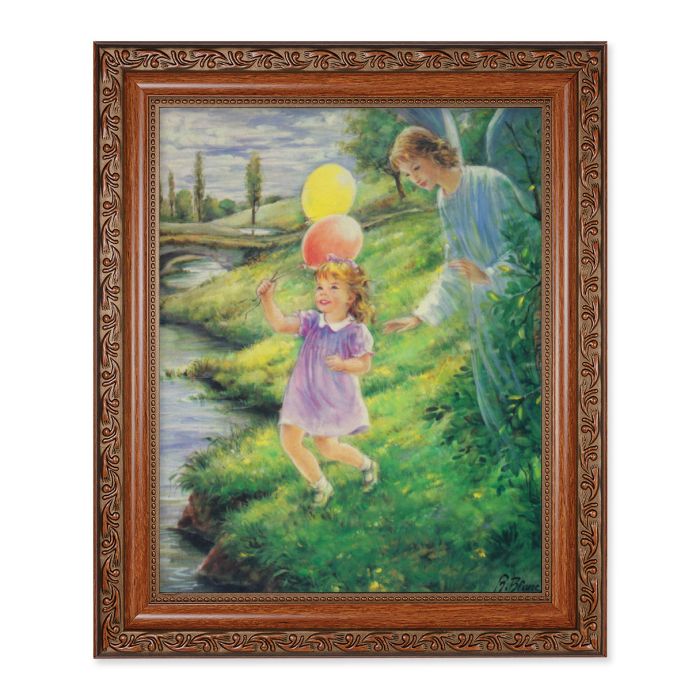 A framed picture of a guardian angel with a young girl, both smiling and joyous, set against a countryside backdrop. The frame has an antiqued dark mahogany finish with Acanthus-leaf detailing.