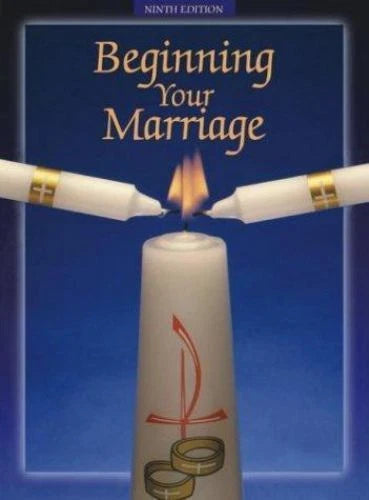 Front cover of the book 'Beginning Your Marriage, Ninth Edition' showing two white taper candles with gold bands being lit by a central white candle with a red anchor symbol and wedding rings at the base, on a blue gradient background.