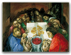 Religious painting of a group of people around a table with a central object, on a white background.