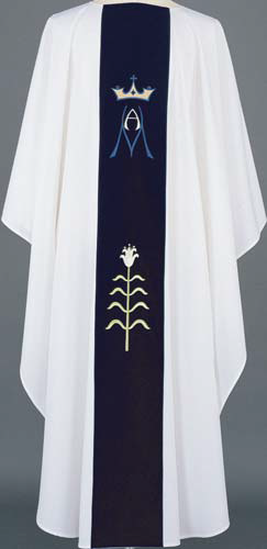 White Marian Chasuble with Blue Velvet Embroidered Band