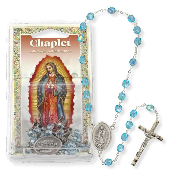 Our Lady of Guadalupe Chaplet with a rosary and a cross, encased in a clear plastic packaging.