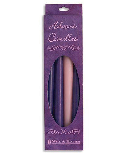 A set of four advent taper candles in purple and pink colors, packaged in a purple box with the brand 'Hill & Range' visible.