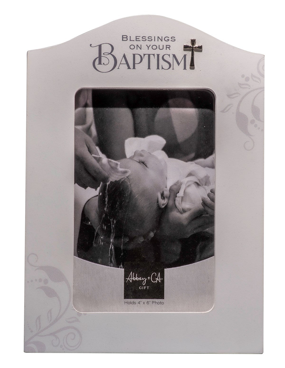 A silver vertical baptism picture frame with the inscription 'Blessings on Your Baptism'. It is designed to hold a 4 x 6 photo.