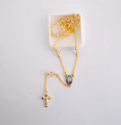 Gold and Pink Rosary Necklace