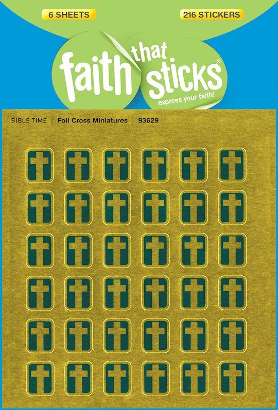 Packaging for 'Faith That Sticks' cross stickers, displaying multiple sheets with gold-colored crosses on a yellow background.