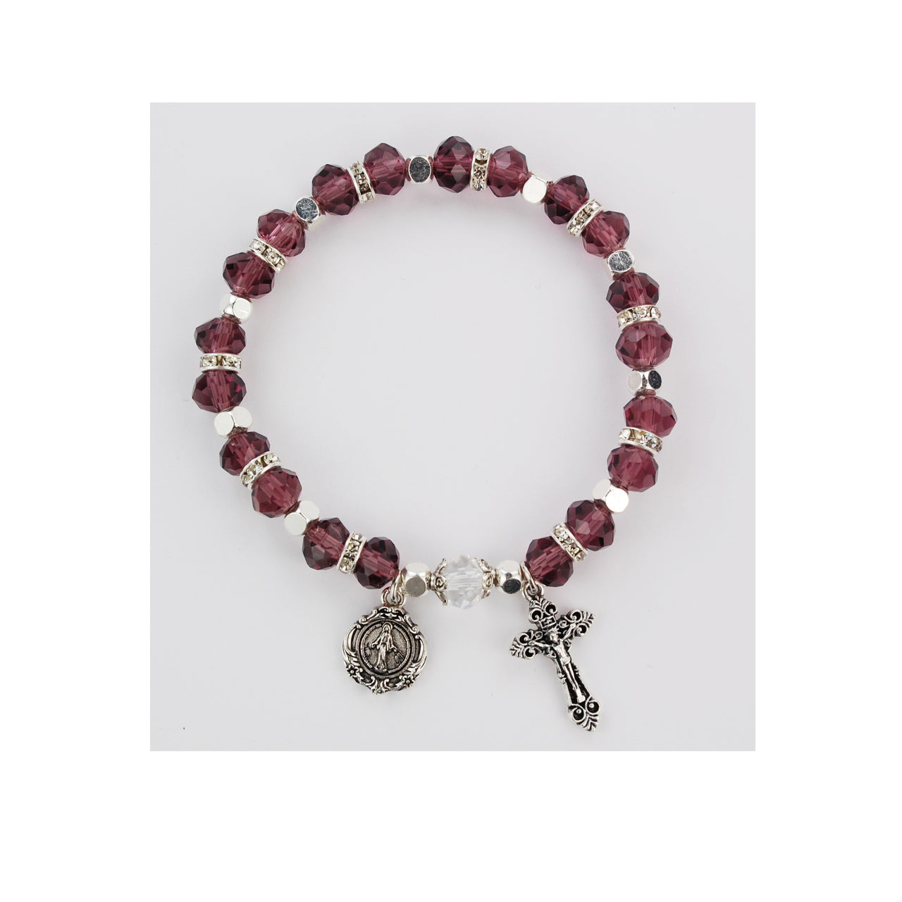 Amethyst Crystal with Cross and Miraculous Medal Rosary Bracelet