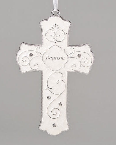A silver wall cross with the word 'Baptism' inscribed, featuring gold details and rhinestone highlights, with a creamy white faux mother-of-pearl finish.