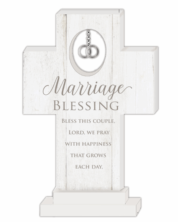 A wooden cross with a hanging charm, featuring an inscription that reads 'MARRIAGE BLESSINGS' along with a Bible verse.