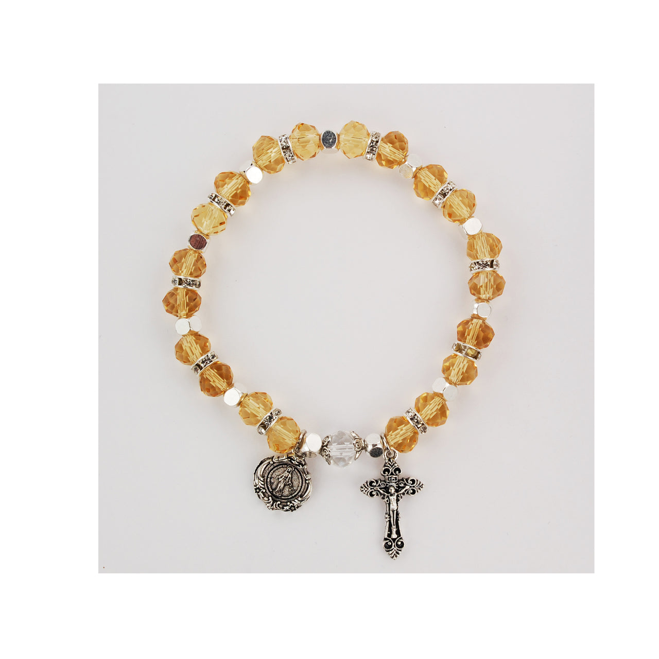 Pulsera de rosario de cristal topacio con cruz y Medalla Milagrosa