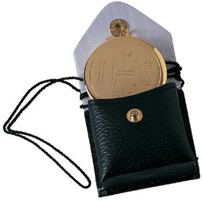 A 24K gold plated IHS design bursa with a black leather burse, attached by a white cord.