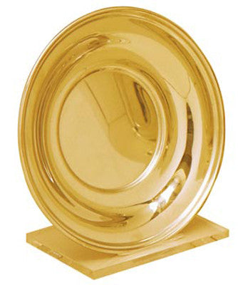 24K gold plated bright finish paten with a 6-inch diameter base, used for church supplies.