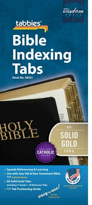Package of gold-edged, self-adhesive Bible tabs displayed on a Bible, with text detailing product features.