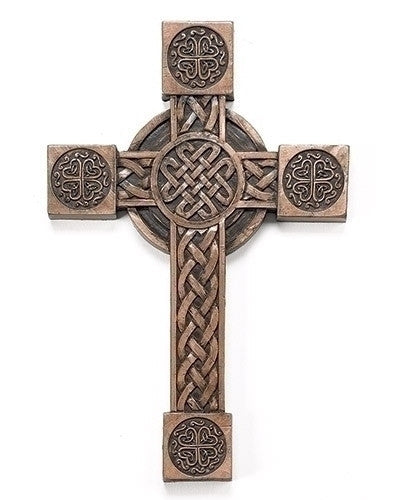 A brown Celtic-style cross made of resin and stone with intricate geometric patterns.