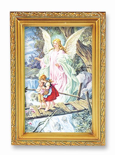 Tableau encadré "Ange gardien" doré 4,5 x 6,5 po