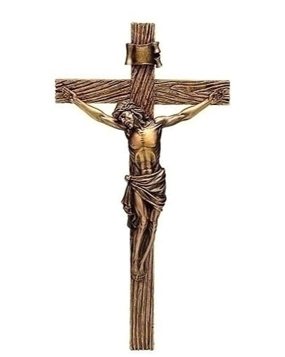 A bronze-colored resin crucifix with a figure of Jesus Christ on a cross, designed to look like stone.